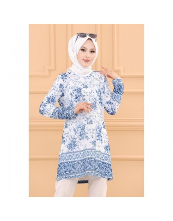 Tunique à motifs fleurs et arabesques pour femmes (Tenues Hijab Chic) - Couleur bleu 