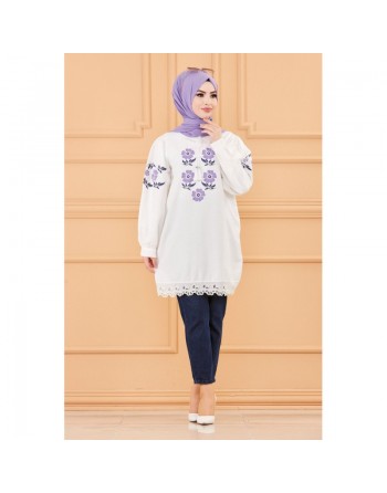 Tunique imprimée à fleurs pour femme - Couleur blanc avec fleurs de couleur lilas 