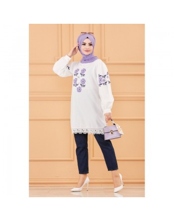 Tunique imprimée à fleurs pour femme - Couleur blanc avec fleurs de couleur lilas 