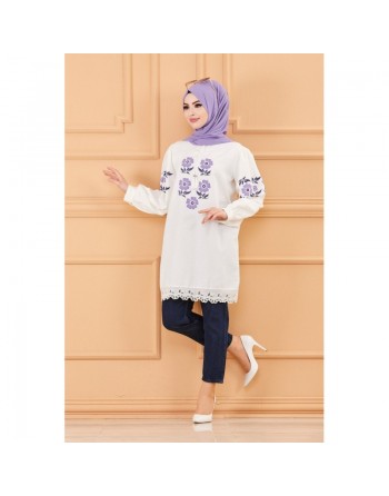 Tunique imprimée à fleurs pour femme - Couleur blanc avec fleurs de couleur lilas 