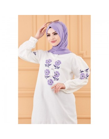 Tunique imprimée à fleurs pour femme - Couleur blanc avec fleurs de couleur lilas 