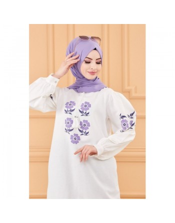 Tunique imprimée à fleurs pour femme - Couleur blanc avec fleurs de couleur lilas 