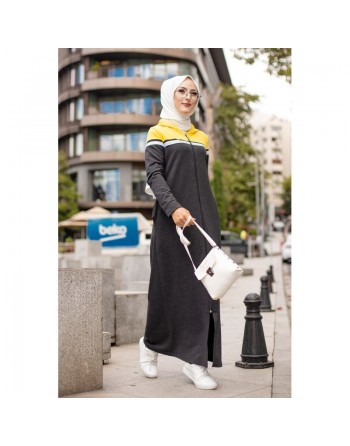 Robe zippée décontractée et sport pour femme (Vêtement Moderne Hijab) - Couleur anthracite et moutarde 