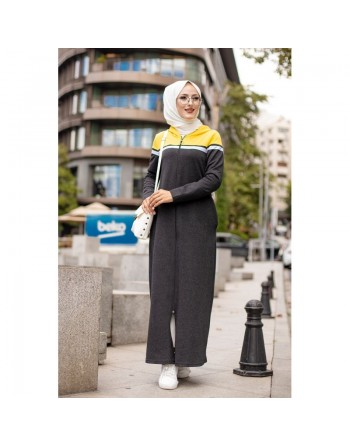 Robe zippée décontractée et sport pour femme (Vêtement Moderne Hijab) - Couleur anthracite et moutarde 
