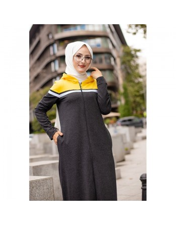 Robe zippée décontractée et sport pour femme (Vêtement Moderne Hijab) - Couleur anthracite et moutarde 