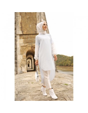 Tunique à rayures pour femme (Vêtement Hijab) - Couleur bleu clair 