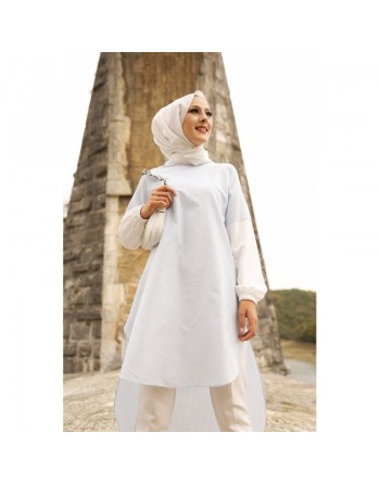 Tunique à rayures pour femme (Vêtement Hijab) - Couleur bleu clair 