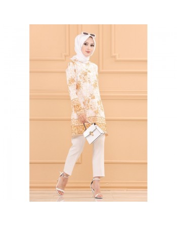 Tunique motifs fleurs et arabesques pour femme (Vêtement Hijab Chic) - Couleur vison 