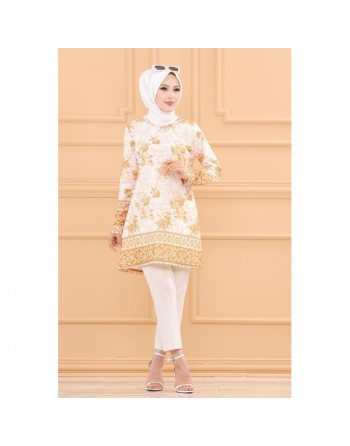 Tunique motifs fleurs et arabesques pour femme (Vêtement Hijab Chic) - Couleur vison 