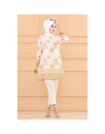 Tunique motifs fleurs et arabesques pour femme (Vêtement Hijab Chic) - Couleur vison 