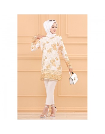Tunique motifs fleurs et arabesques pour femme (Vêtement Hijab Chic) - Couleur vison 