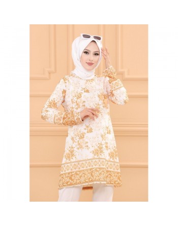 Tunique motifs fleurs et arabesques pour femme (Vêtement Hijab Chic) - Couleur vison 