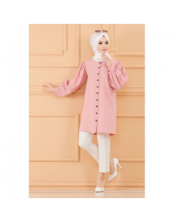 Tunique boutonnée pour femme (Chemise longue habillée pour Hijab) - Couleur rose poudré 