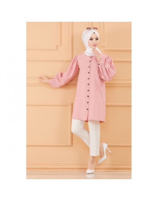 Tunique boutonnée pour femme (Chemise longue habillée pour Hijab) - Couleur rose poudré Tunique boutonnée pour femme (Chemise longue habillée pour Hijab) - Couleur rose poudré