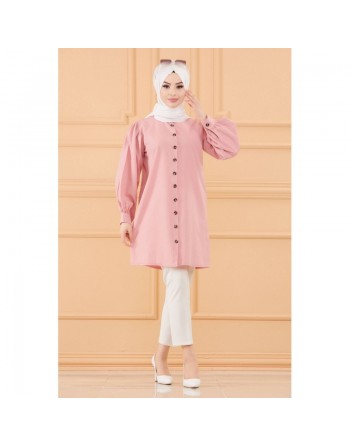 Tunique boutonnée pour femme (Chemise longue habillée pour Hijab) - Couleur rose poudré 