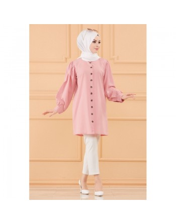 Tunique boutonnée pour femme (Chemise longue habillée pour Hijab) - Couleur rose poudré 