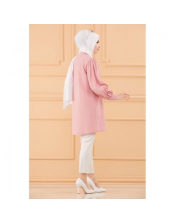 Tunique boutonnée pour femme (Chemise longue habillée pour Hijab) - Couleur rose poudré 