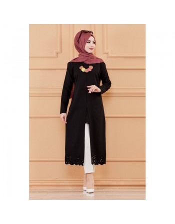 Tunique découpée laser avec collier offert (Boutique Hijab pour Femme Musulmane) - Couleur noir 