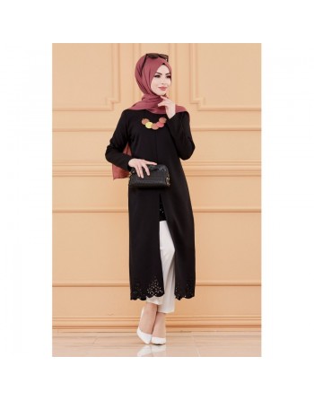 Tunique découpée laser avec collier offert (Boutique Hijab pour Femme Musulmane) - Couleur noir 