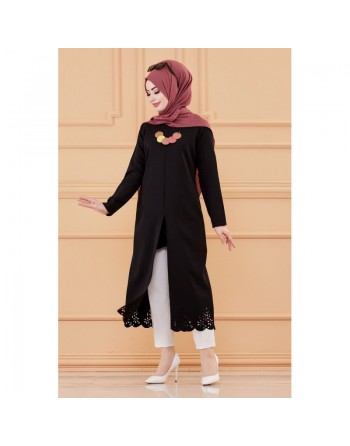 Tunique découpée laser avec collier offert (Boutique Hijab pour Femme Musulmane) - Couleur noir 