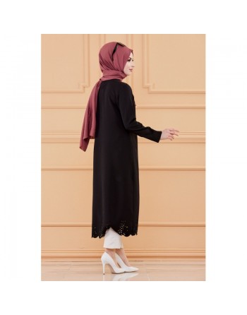 Tunique découpée laser avec collier offert (Boutique Hijab pour Femme Musulmane) - Couleur noir 