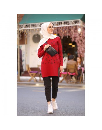 Tunique imprimée avec motif étoile (Star Modeste Fashion pour femme voilée) - Couleur rouge 