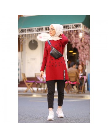 Tunique imprimée avec motif étoile (Star Modeste Fashion pour femme voilée) - Couleur rouge 