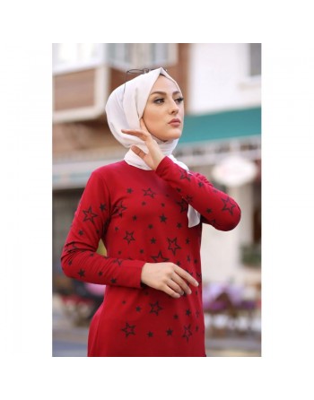 Tunique imprimée avec motif étoile (Star Modeste Fashion pour femme voilée) - Couleur rouge 