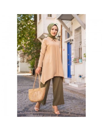 Tunique style habillé pour femme voilée (Vêtement hijab chic) - Couleur beige 