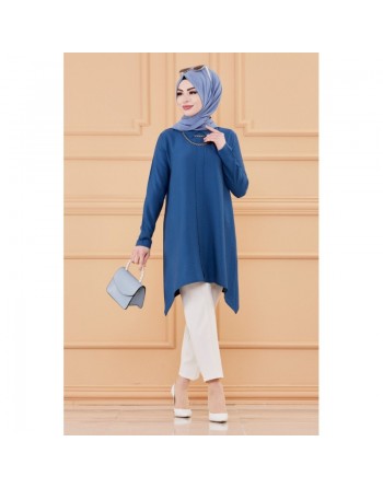 Tunique style habillé pour femme voilée (Vêtement hijab chic) - Couleur bleu 
