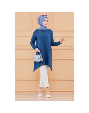 Tunique style habillé pour femme voilée (Vêtement hijab chic) - Couleur bleu 