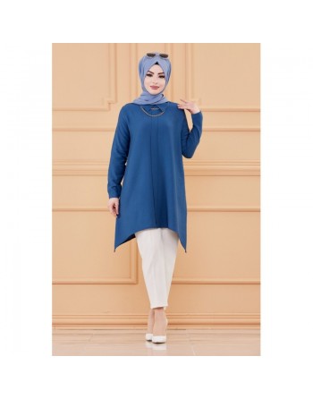 Tunique style habillé pour femme voilée (Vêtement hijab chic) - Couleur bleu 
