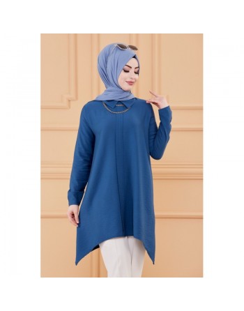 Tunique style habillé pour femme voilée (Vêtement hijab chic) - Couleur bleu 