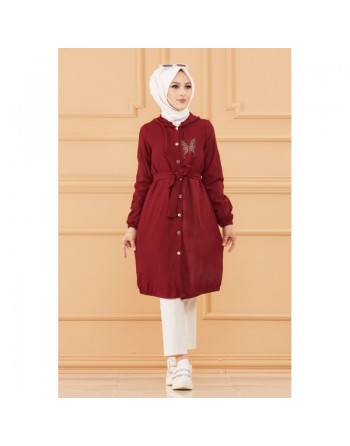Tunique avec capuche et broderie (Vetement pour femme voilée) - Couleur bordeaux 