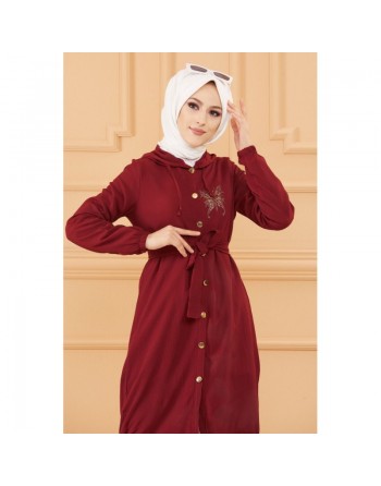 Tunique avec capuche et broderie (Vetement pour femme voilée) - Couleur bordeaux 