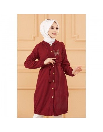 Tunique avec capuche et broderie (Vetement pour femme voilée) - Couleur bordeaux 