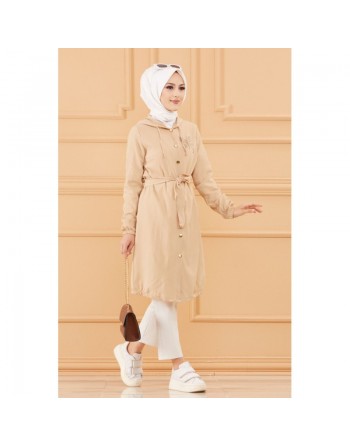 Tunique avec capuche et broderie papillon (Vêtement pour femme voilée) - Couleur beige 