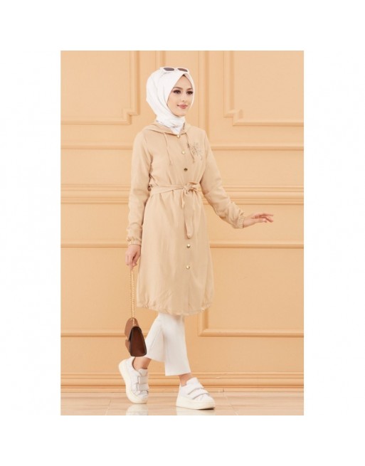 Tunique avec capuche et broderie papillon (Vêtement pour femme voilée) - Couleur beige Tunique avec capuche et broderie papillon (Vêtement pour femme voilée) - Couleur beige