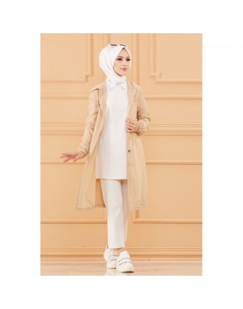 Tunique avec capuche et broderie papillon (Vêtement pour femme voilée) - Couleur beige 