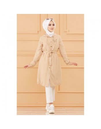 Tunique avec capuche et broderie papillon (Vêtement pour femme voilée) - Couleur beige 