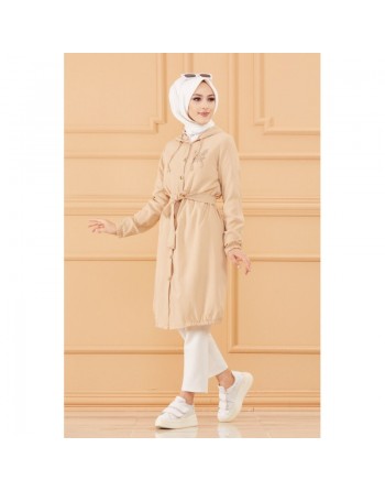 Tunique avec capuche et broderie papillon (Vêtement pour femme voilée) - Couleur beige 