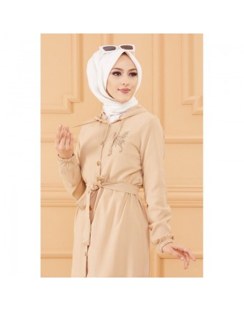 Tunique avec capuche et broderie papillon (Vêtement pour femme voilée) - Couleur beige 