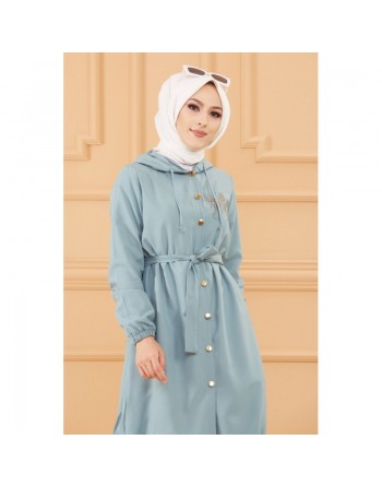 Tunique avec capuche et broderie papillon (Vêtement hijab moderne) - Couleur turquoise 