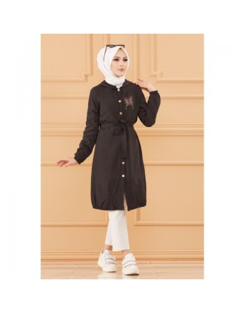 Tunique avec capuche et broderie (Vetement Hijab) - Couleur noir 