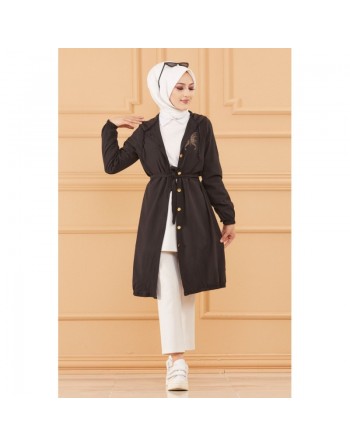 Tunique avec capuche et broderie (Vetement Hijab) - Couleur noir 