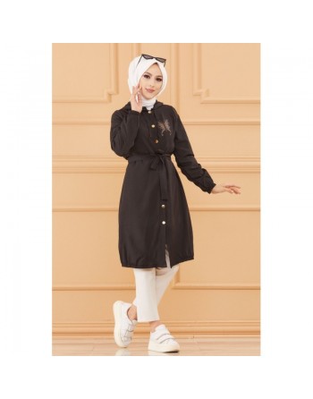 Tunique avec capuche et broderie (Vetement Hijab) - Couleur noir 