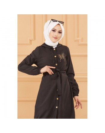 Tunique avec capuche et broderie (Vetement Hijab) - Couleur noir 