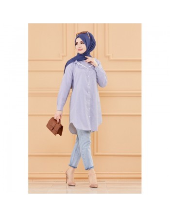 Tunique avec col foufrou (Tuniques pour femmes musulmanes style chic) - Rayures couleur bleu 