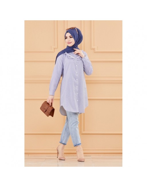 Tunique avec col foufrou (Tuniques pour femmes musulmanes style chic) - Rayures couleur bleu 