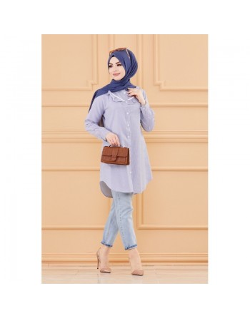 Tunique avec col foufrou (Tuniques pour femmes musulmanes style chic) - Rayures couleur bleu 